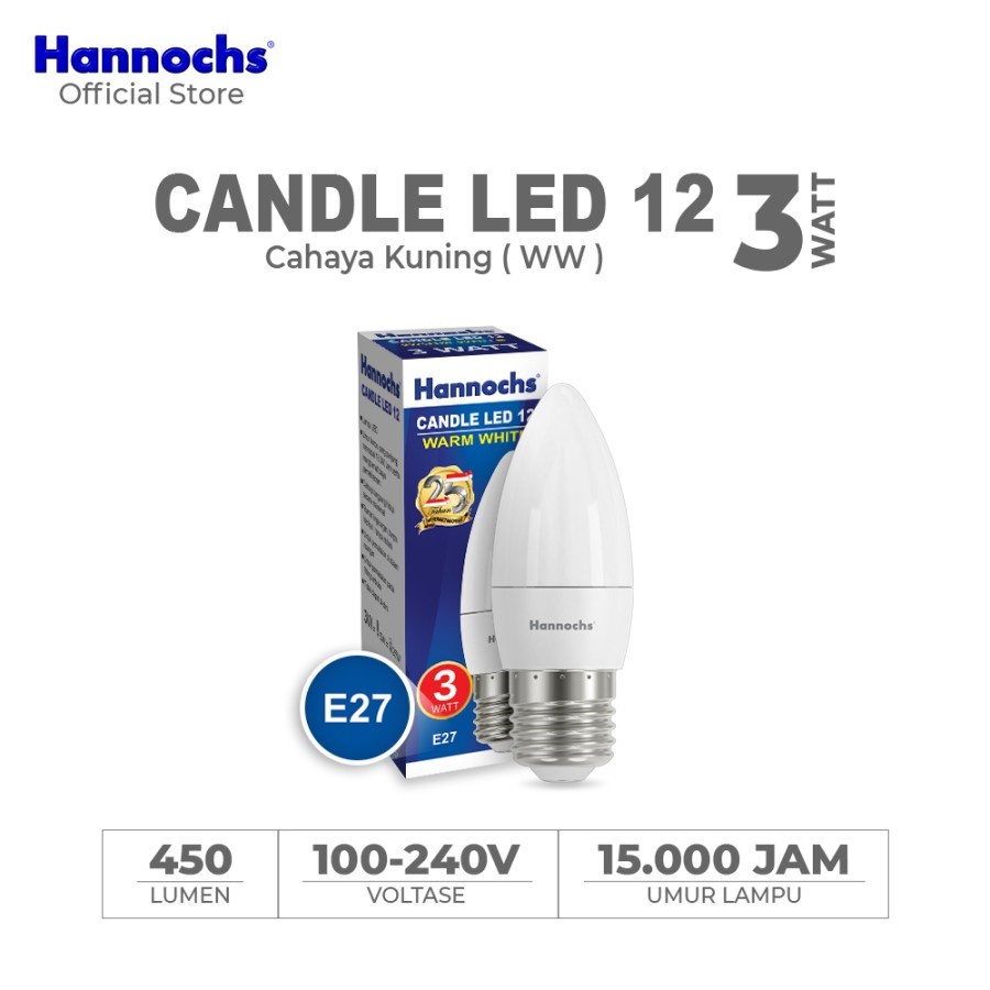 Lampu Candle LED Hannochs 12 3 watt E27 WW - Cahaya Kuning Lampu Lilin