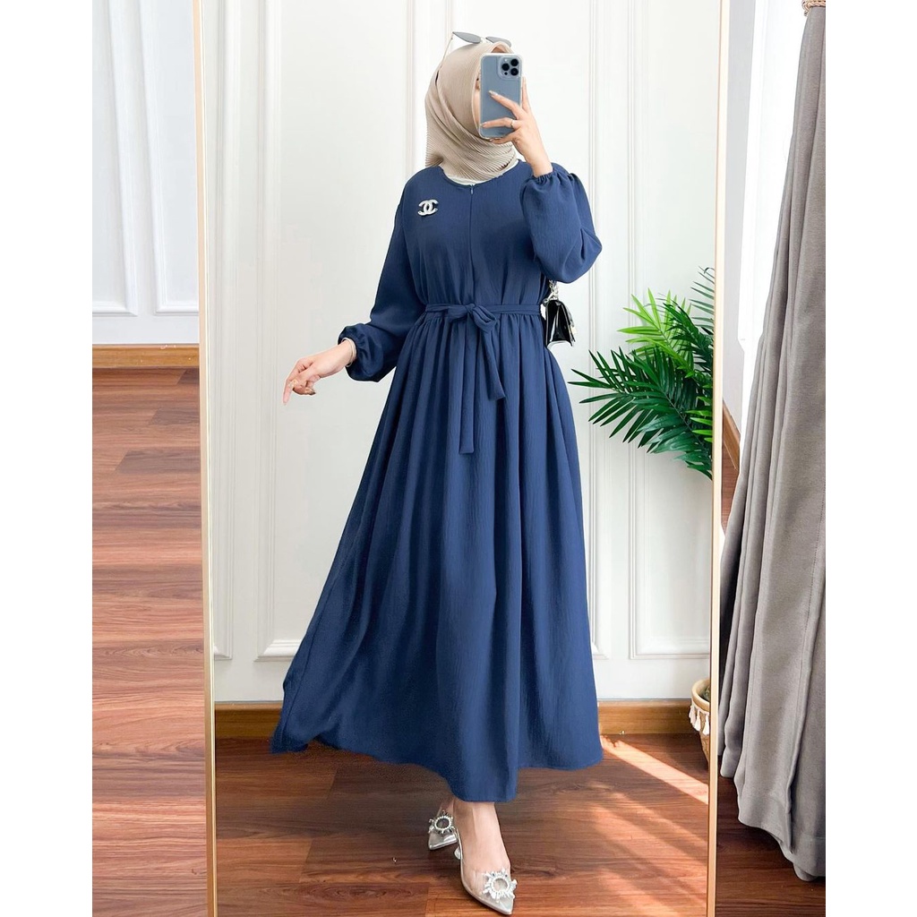 Liana Midi Dress Wanita Dewasa Busui Fit To L+ LD 110CM Jumbo Bahan Crinkle Airflow Premium Polos / Baju Gamis Wanita Muslim Tali Lepas Pasang Kekinian
