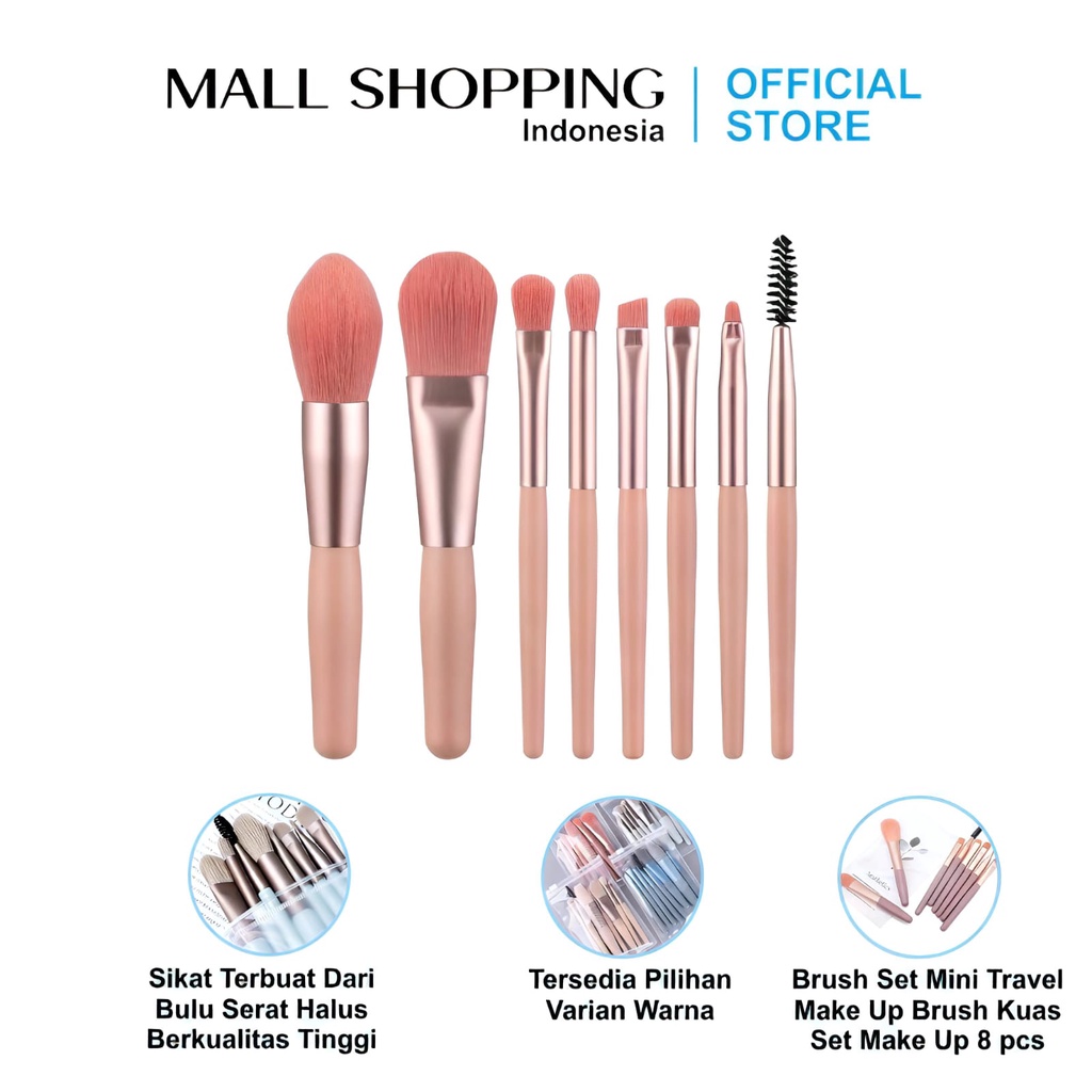 Brush Set Mini Travel Make Up Brush Kuas Set Make Up 8 pcs + Pouch MALLSHOPPING