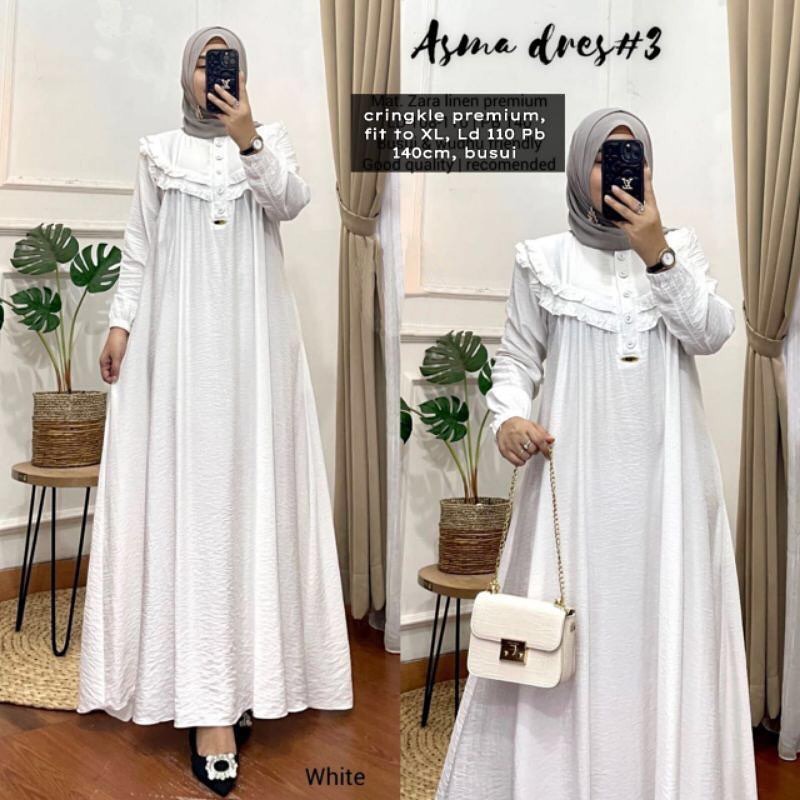Dress Crinkle Putih Jumbo Asma Dress Busui Friendly Bahan Crinkle Airflow Motif Polos ( Kancing Depa