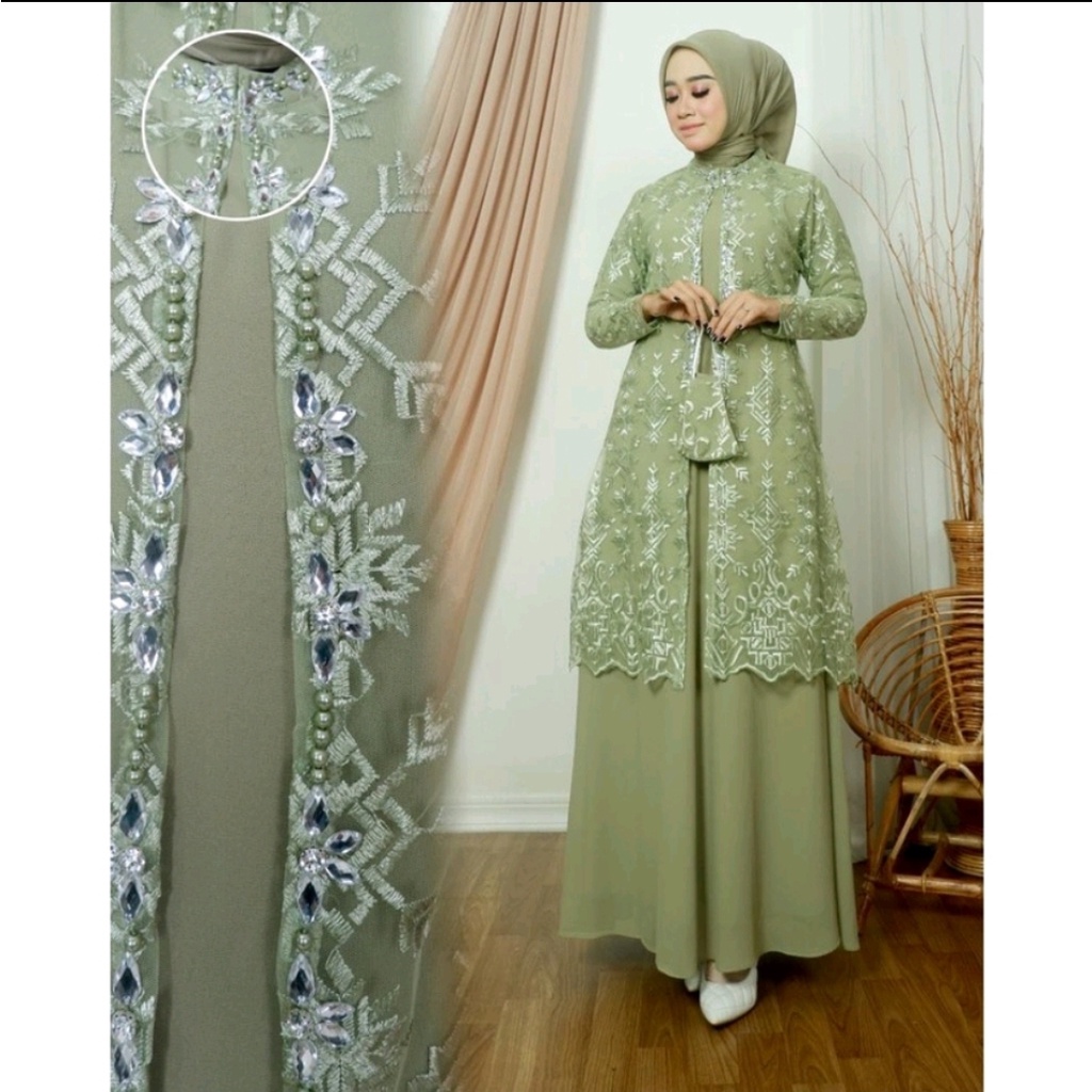 Sartika Dress Aulia 2 in 1 Brokat Premium Dress Brokat Kondangan Dress Tile Kondangan Wedding Dress Gamis Brukat Jumbo xxl Ld 120cm Gamis Brokat Jumbo Gamis 2 look in 1 Gamis Lebaran Gamis Remaja Muslimah Seragaman Pernikahan Outfit Bridesmaid Warna Sage
