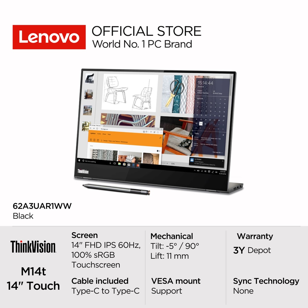 Lenovo Monitor ThinkVision M14t with USB-C Pen 14" FHD IPS WLED Touch 60Hz 72% NTSC 62A3UAR1WW Black