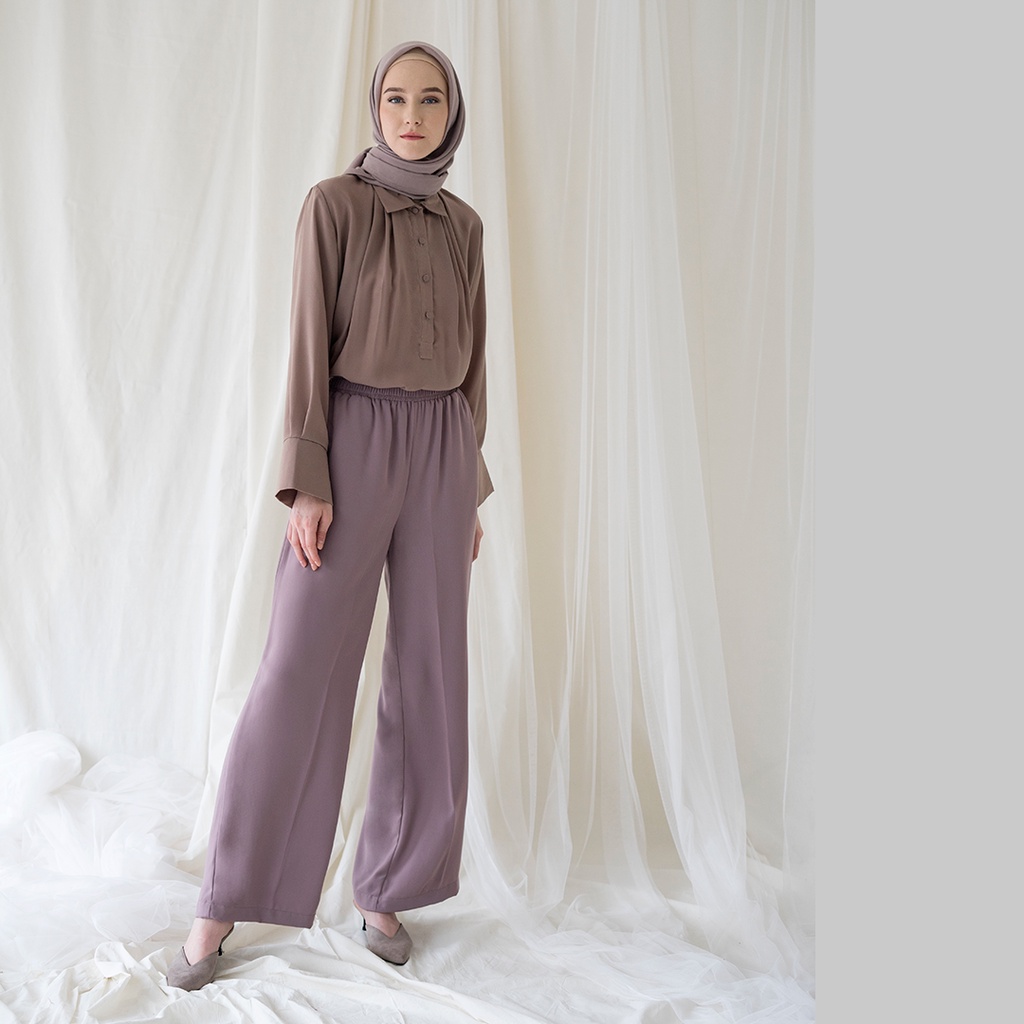 Astaka by Aska Label - Celana panjang palazo dengan kantong dan pinggang karet warna Grey, Latte, Black, Offwhite