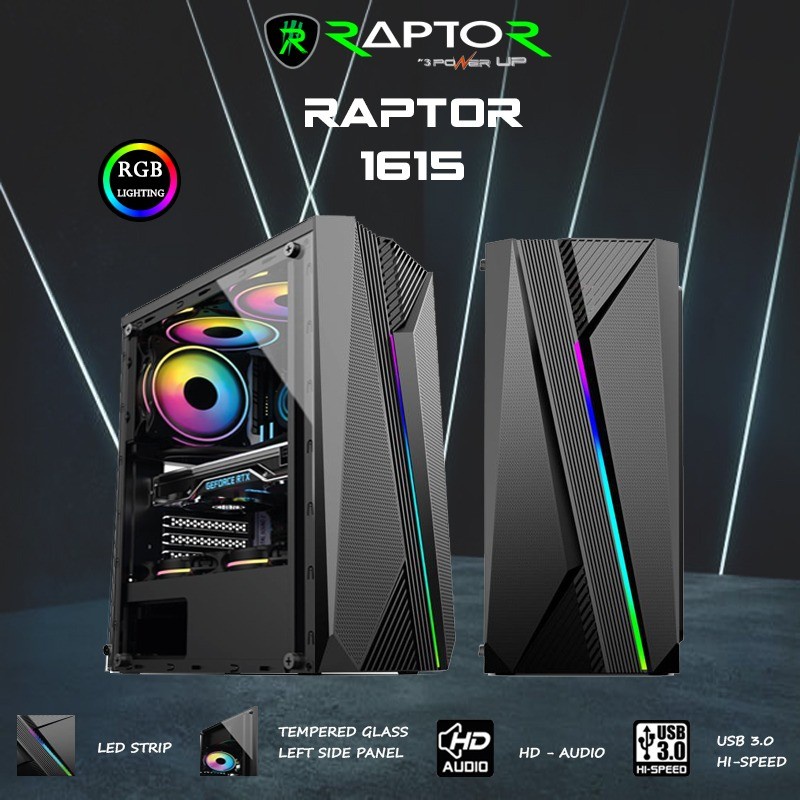 Casing Gaming Atx mAtx Raptor R-1615 Tampered Glass Side RGB Stripe Front