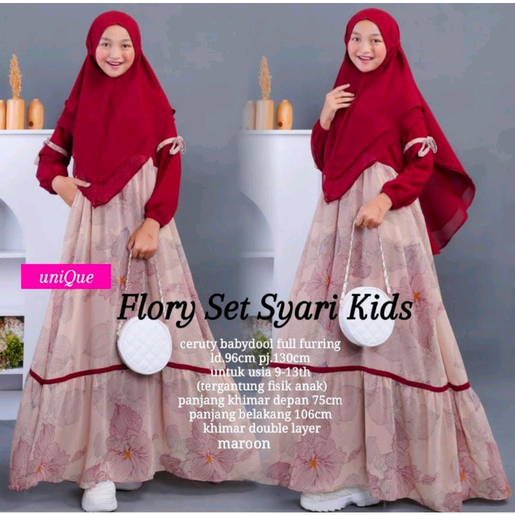 FLORY SET SYARI KIDS BO Bahan Ceruty Babydool Full Puring  Gamis Syari Anak Terbaru 2023 Set Khimar 