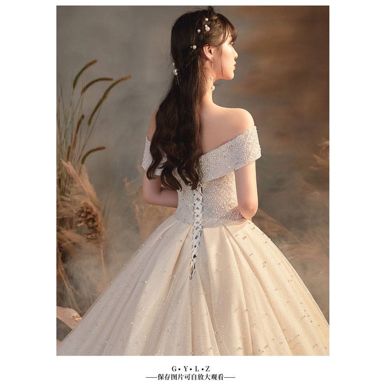 Gaun pernikahan 1.5m Ekor Luxurious Women Bridal Diamond Pearl Wedding Dresses Off Shoulder gaun pengantin Ballgown