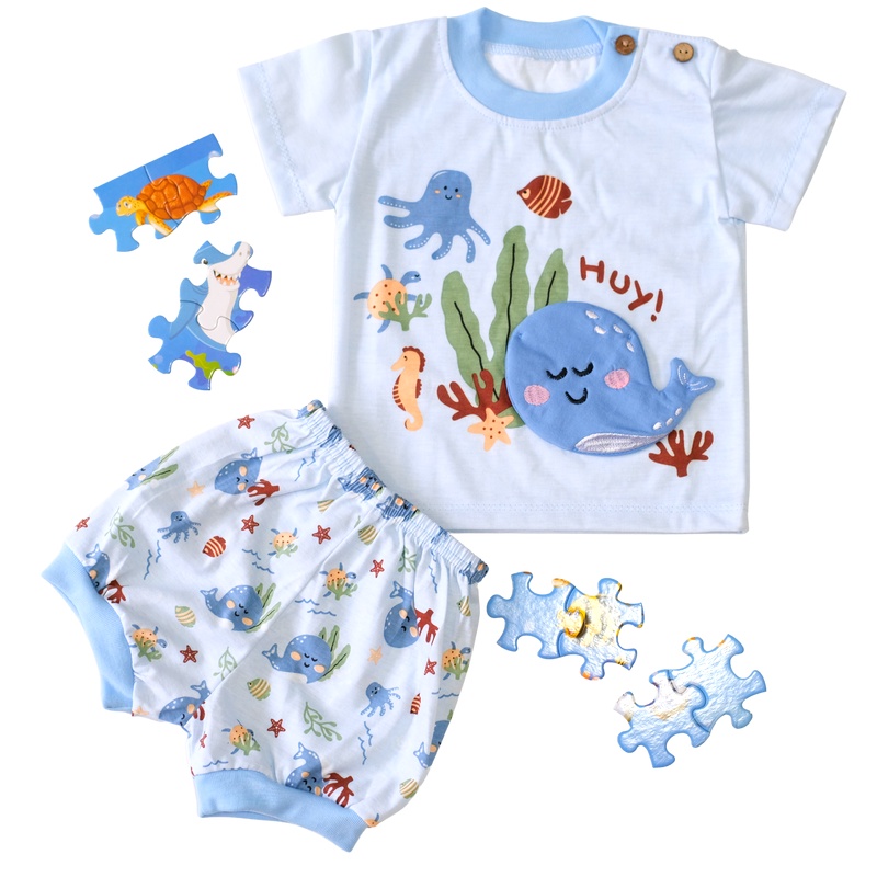 SETELAN PENDEK BAYI/ANAK COTTON MOTIF TIMBUL WHALE (BABY/KIDS SET)