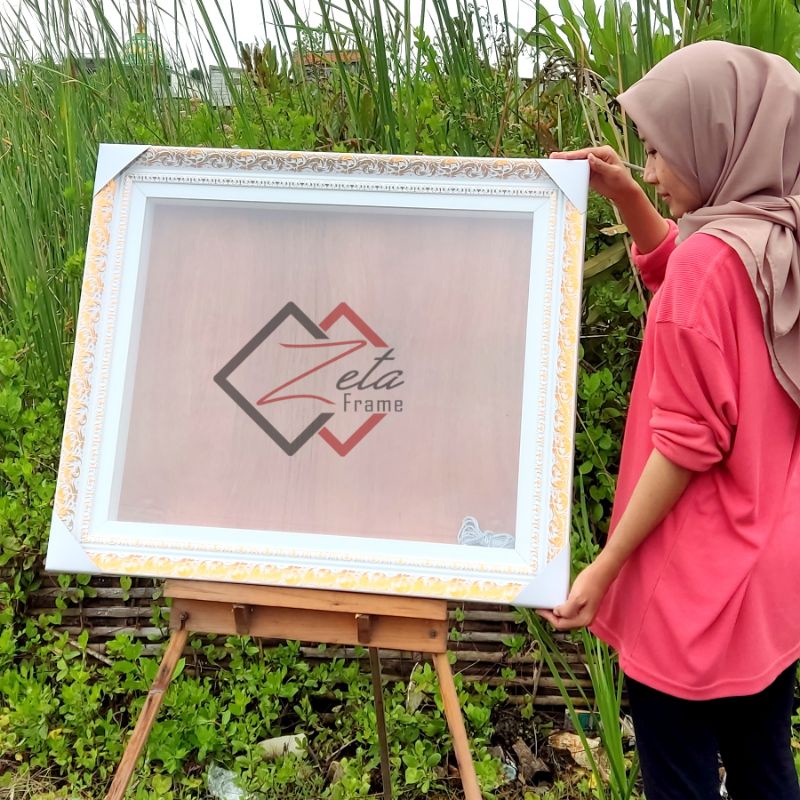 Tipe 518 Putih gold dobel minimalis uk. 50x60 - Pigura mahar besar model ukir dobel frame - Bingkai 