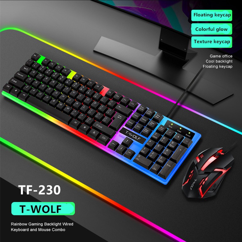 T-WOLF TF230 Rainbow LED Gaming Keyboard And Mouse Combo Bundle