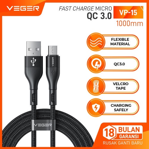 Kabel Data VEGER Micro USB Fast Charging Quick Charger 3.0 100cm