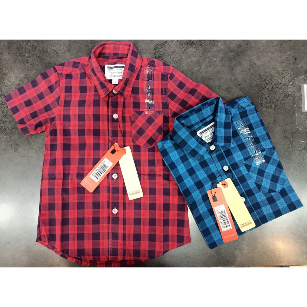 (Ori & Real Picture) Ezio Kids Kemeja Lengan Pendek Kemeja Kerah Kemeja Kotak-Kotak Kemeja Anak-Anak