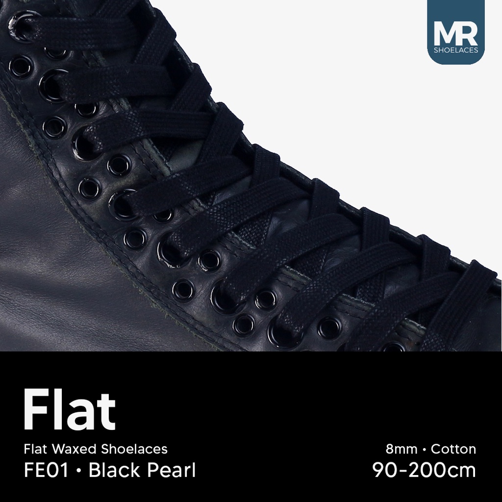 Original MR Shoelaces FE01 Black Pearl (Hitam) - Tali Sepatu Lilin 8mm Gepeng Flat Pipih (Waxed Laces) 90cm 100cm 120cm 150cm 200cm - untuk Sneakers - Premium Shoelace Premium Shoelaces