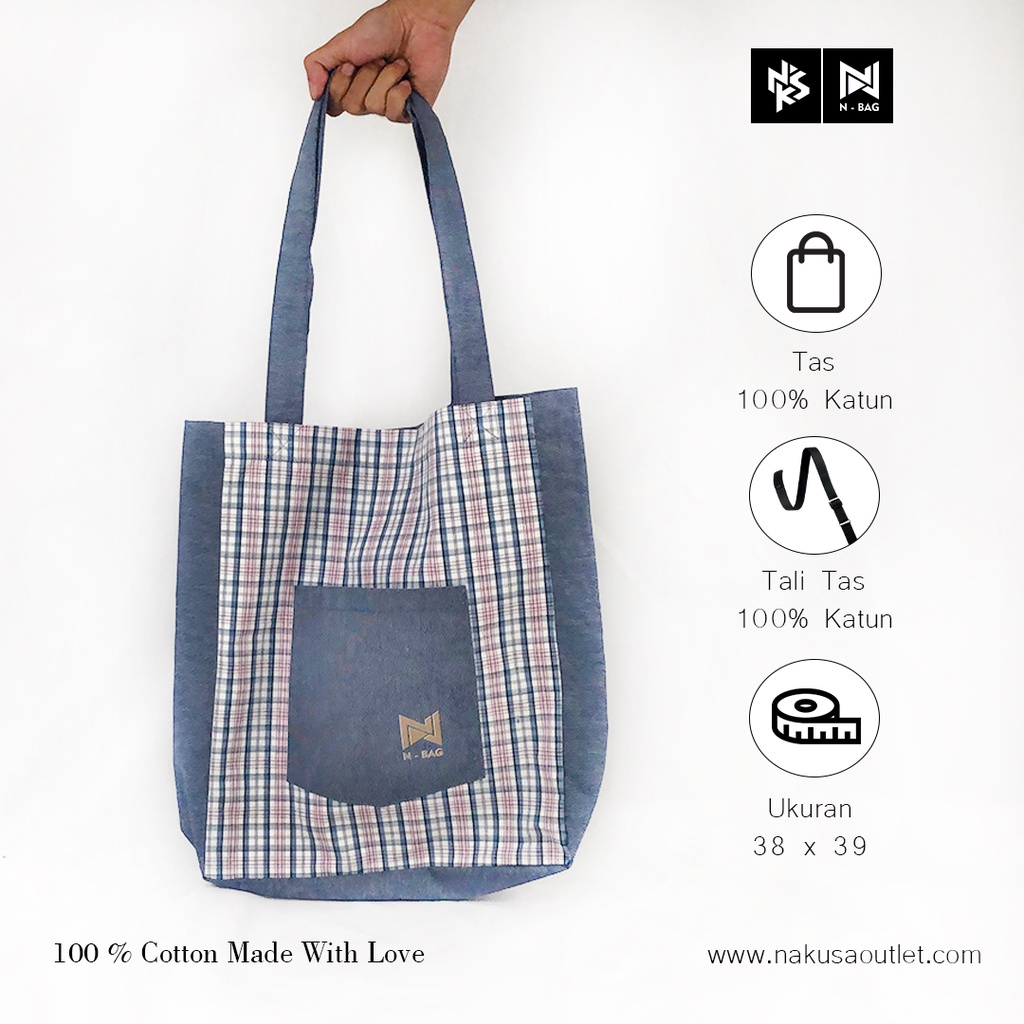 N-BAG 1 - Tas Tote Bag Bahan Full Katun Yarn Dyed Variasi Motif Kotak - Unisex - Original Nakusa