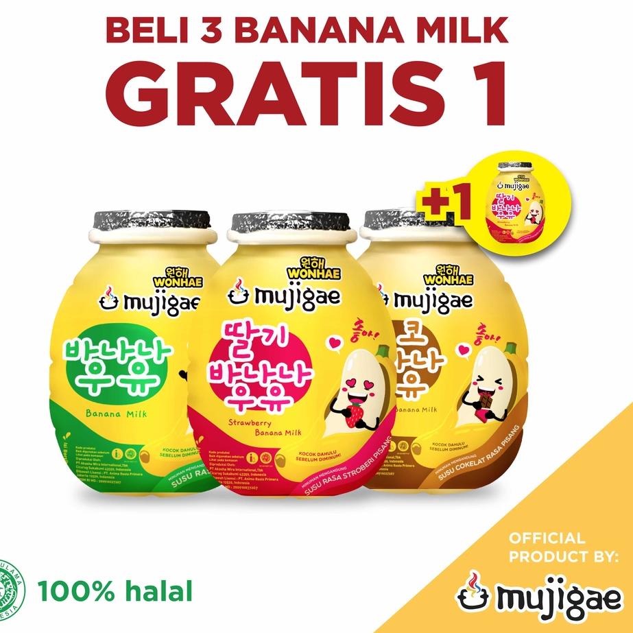 

Grosiran BELI 3 GRATIS 1 Mujigae Banana Milk Mix Original, Choco dan Strawberry 250 mL