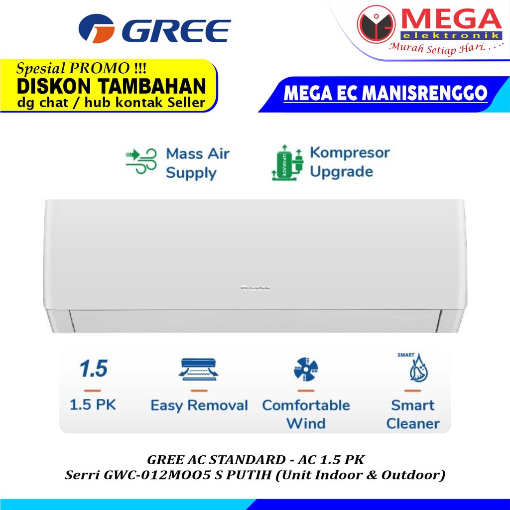 AC STANDARD GREE 2 PK SERI GWC-18MOO5 S PUTIH (INDOOR & OUTDOOR)
