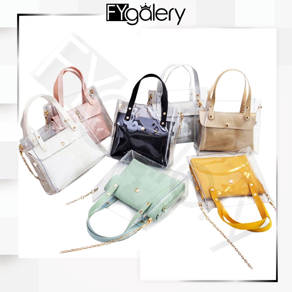 FYGALERY FYG1353 SLING BAG TRANSPARAN 2 IN 1 TAS PU PLUS PVS TAS SELEMPANG TAS MURAH  IMPORT