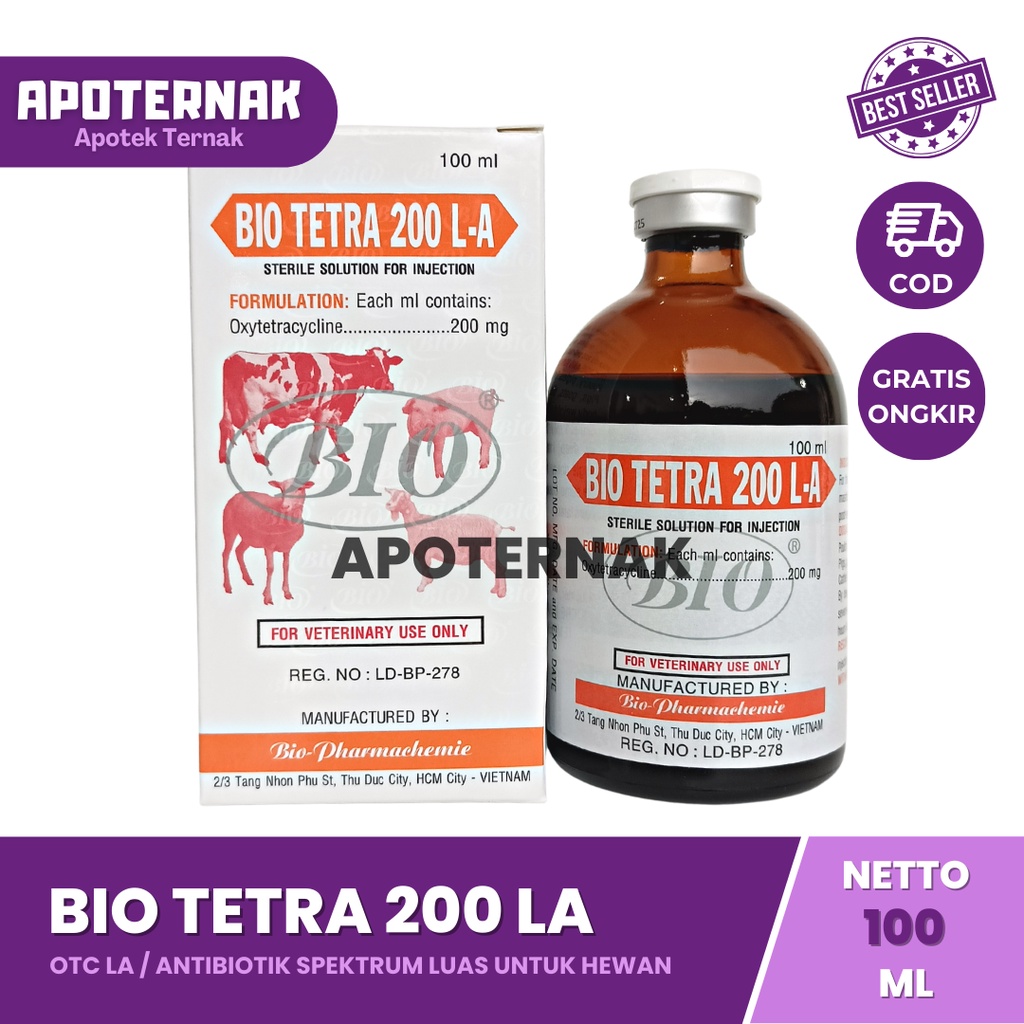 BIO TETRA 200 LA 100 mL Oxy Tetra | Antibiotik Obat infeksi Pernafasan dan Pencernaan hewan | OTC LA - Apoternak