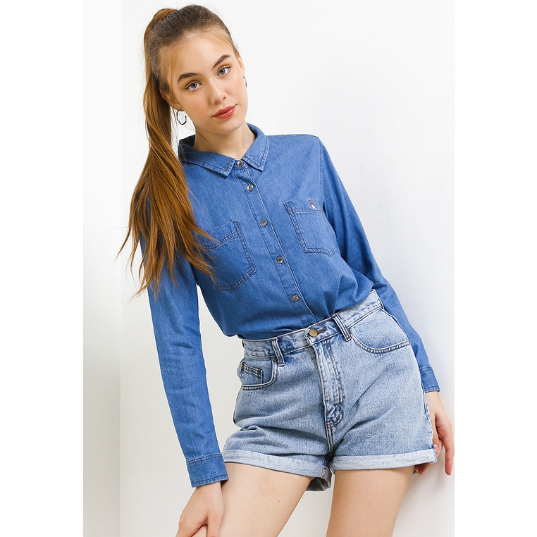 Kemeja Hush Puppies Malin Denim Shirt Baju Atasan Hem Pakaian Original Ori Wanita Cewek 6703