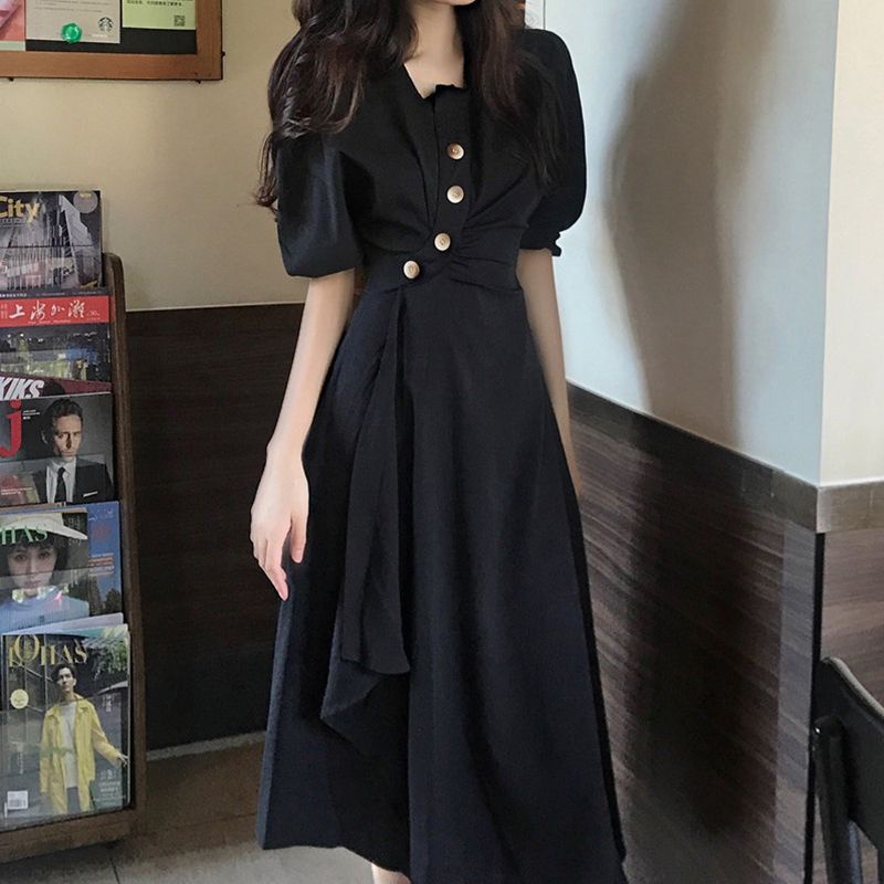 Gaun musim panas gaya baru penutup temperamen penutup perut teh istirahat rok wanita pengurangan usia gaun tidak teratur