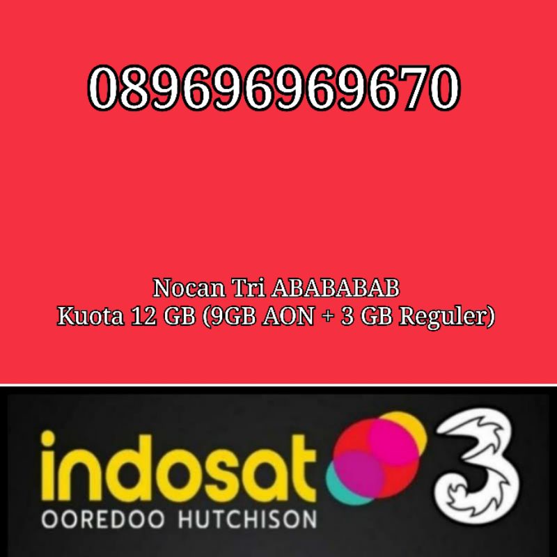 Nocan Nomor Cantik ABABABAB Kartu Perdana 3 Tri Three 4G LTE Kuota 12 GB (9GB AON + 3GB Reguler)