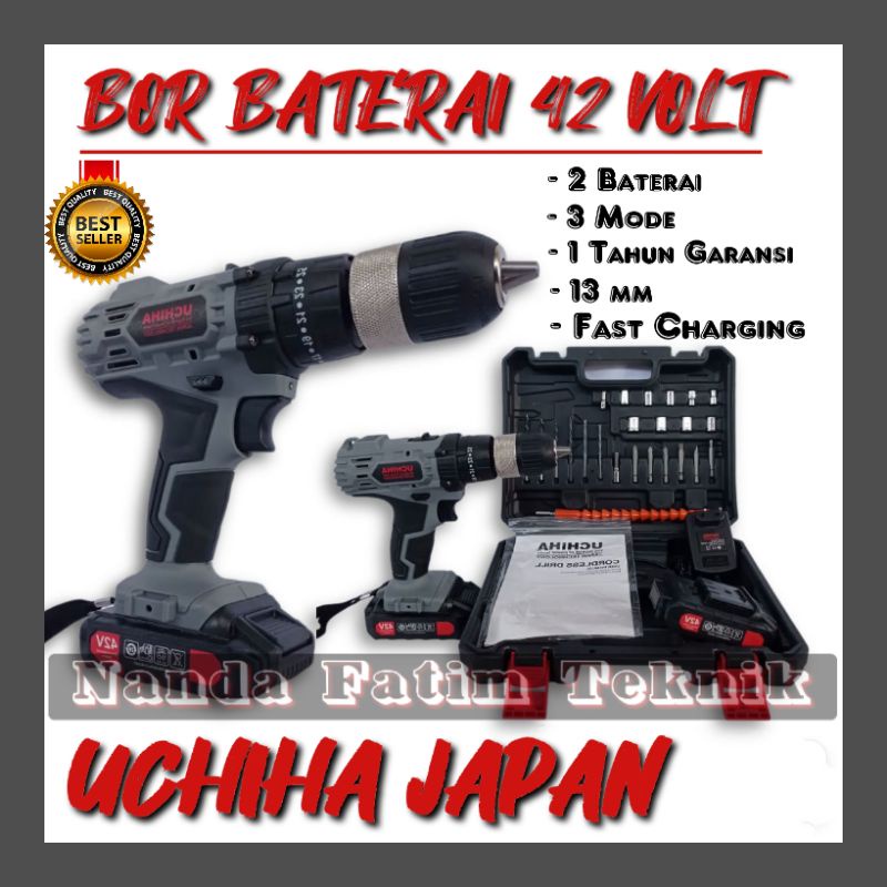 Bor baterai Bor Cas Bor Cordless 42 Volt uchiha JAPAN 13mm New Edition 2023 IMPAC DRILL besi beton k