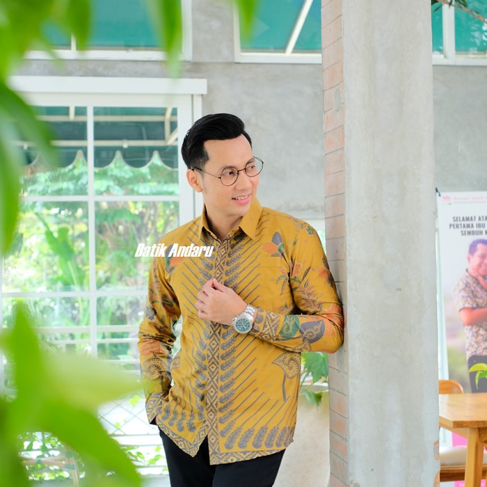 Baju Kemeja Batik Pria Slim Fit Lengan Panjang Modern Heem Premium Warna Lemon Kuning Soft