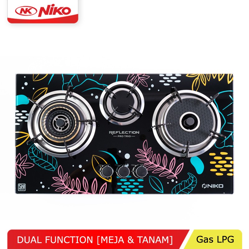 NIKO Kompor Gas 3 Tungku Tempered Glass Reflection Semi Tanam Garansi Resmi