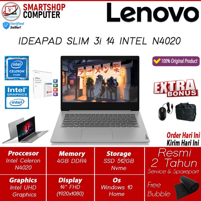 Laptop Murah Lenovo Slim3 14 Intel N4020 4GB 512GB SSD Win10 + OHS Original