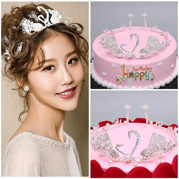 CMP05 Cake Topper Mahkota Swan Tiara Berlian Pearl Crystal Crown