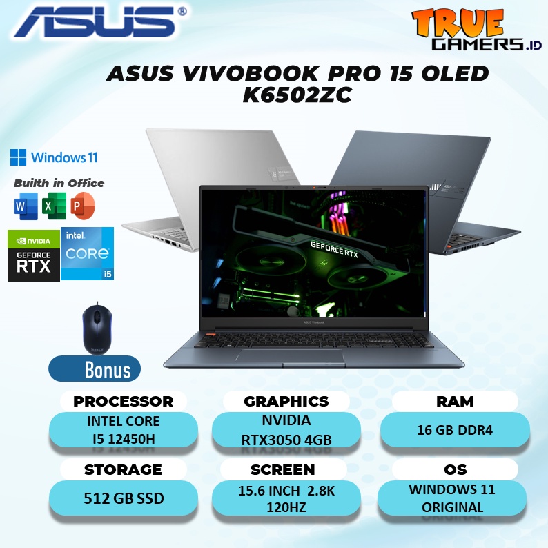 ASUS VIVOBOOK PRO 15 OLED K6502ZC OLEDS551 RTX3050 4GB I5 12450H 16GB 512SSD W11+OHS 15.6 2.8K 120HZ BLU