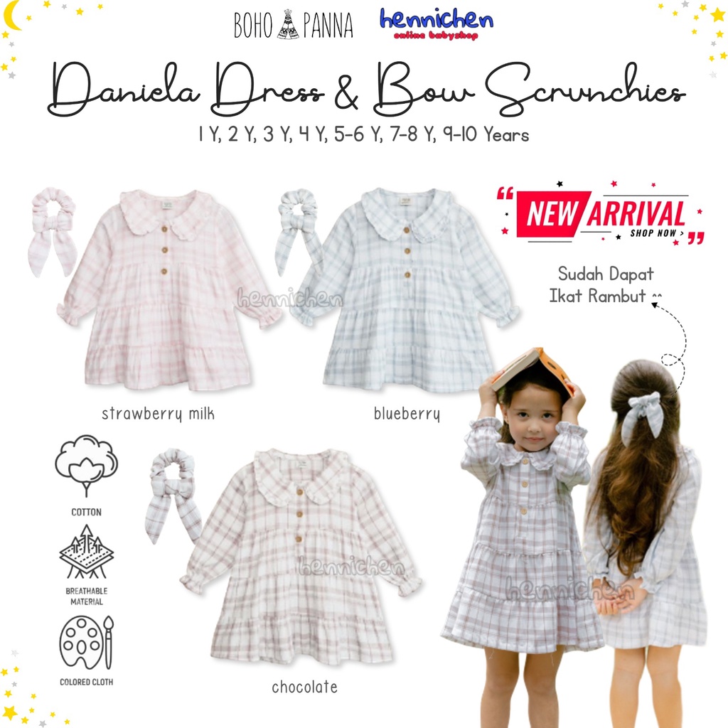 Bohopanna Daniela Dress 0-10 Tahun Dress + Scrunchie Anak Perempuan / Dress Lengan Panjang Anak Perempuan