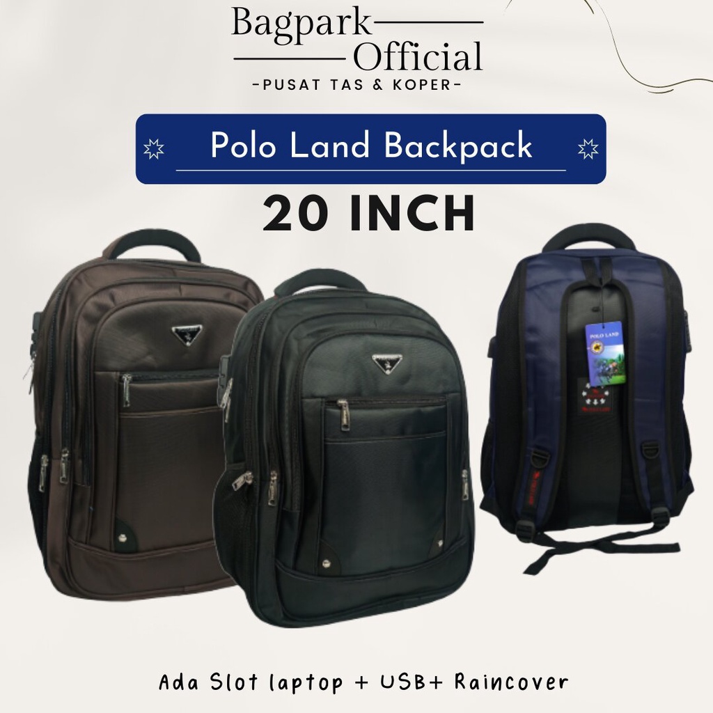 Tas Ransel Pria Kerja Kuliah Polo Land 20 Inch Tas Anak Sekolah Ransel Pria Polo Tas Laptop Polo Expanding kunci Nomor + USB Free Rain Cover