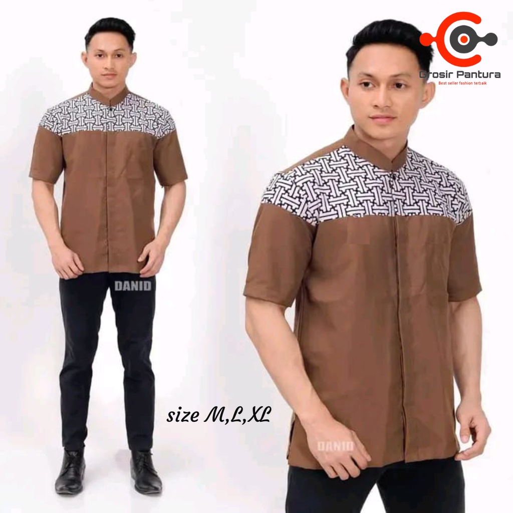 Baju Koko Pria Elrumi Lengan Panjang Motif Warna Hitam Kombinasi Batik