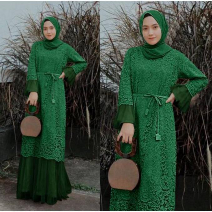 MURAH Dress Gamis Brukat S/M L XL XXL Jumbo Polos LARASATI Warna HIJAU BOTOL