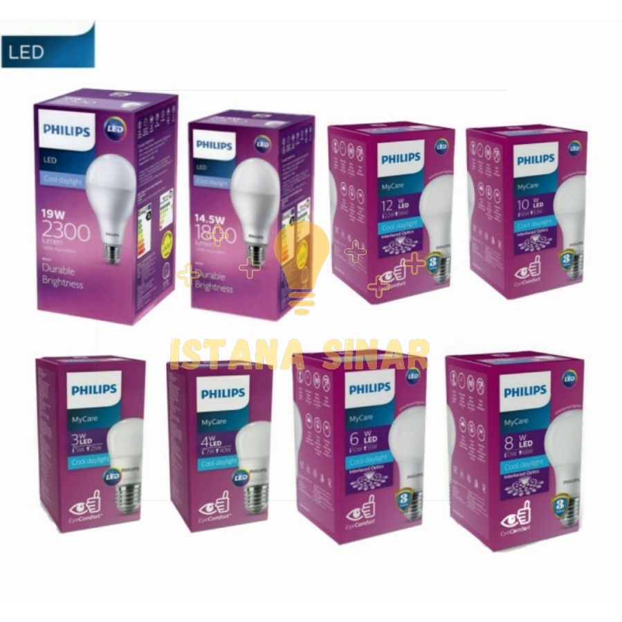 Philips LED Bulb Mycare 3w 4w 6w 8w 10w 12w 14.5w 19w E27- 6500k/putih