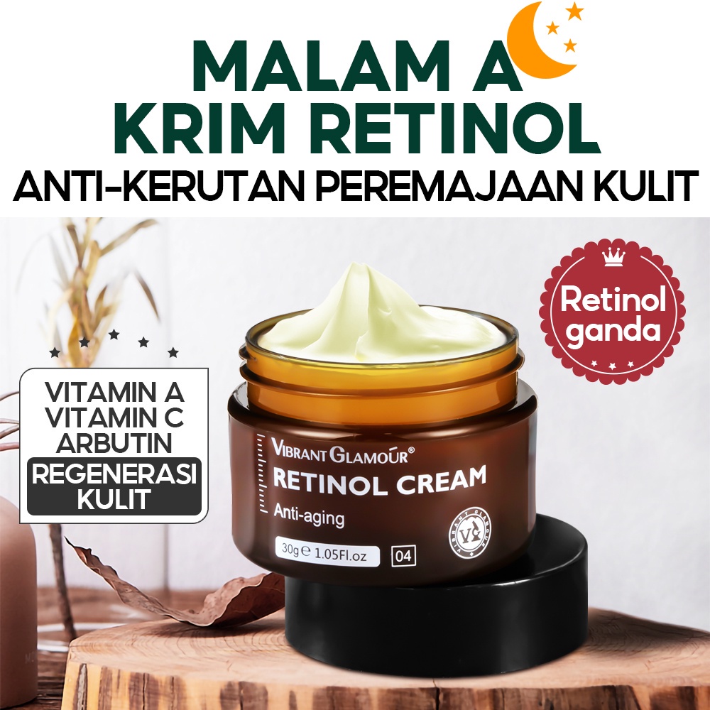 Vibrant Glamour Retinol Cream Wajah Anti Penuaan Night Cream Pelembab Wajah 30g Vit C Cream Pemuith Wajah Day Cream Skincare Set