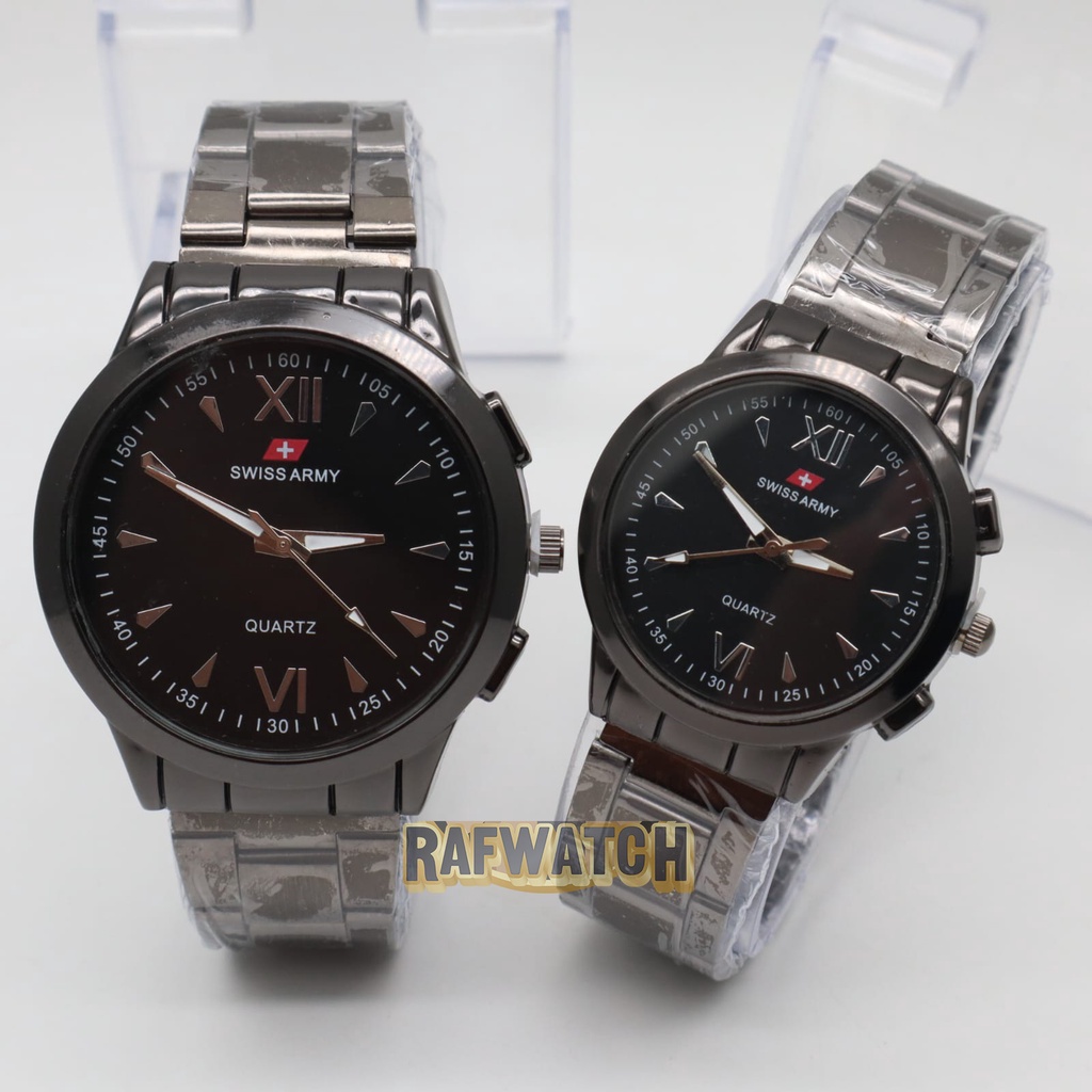 Jam Tangan Pasangan Pria Wanita Analog Casual Rantai Stainless Hitam Silver RPA1