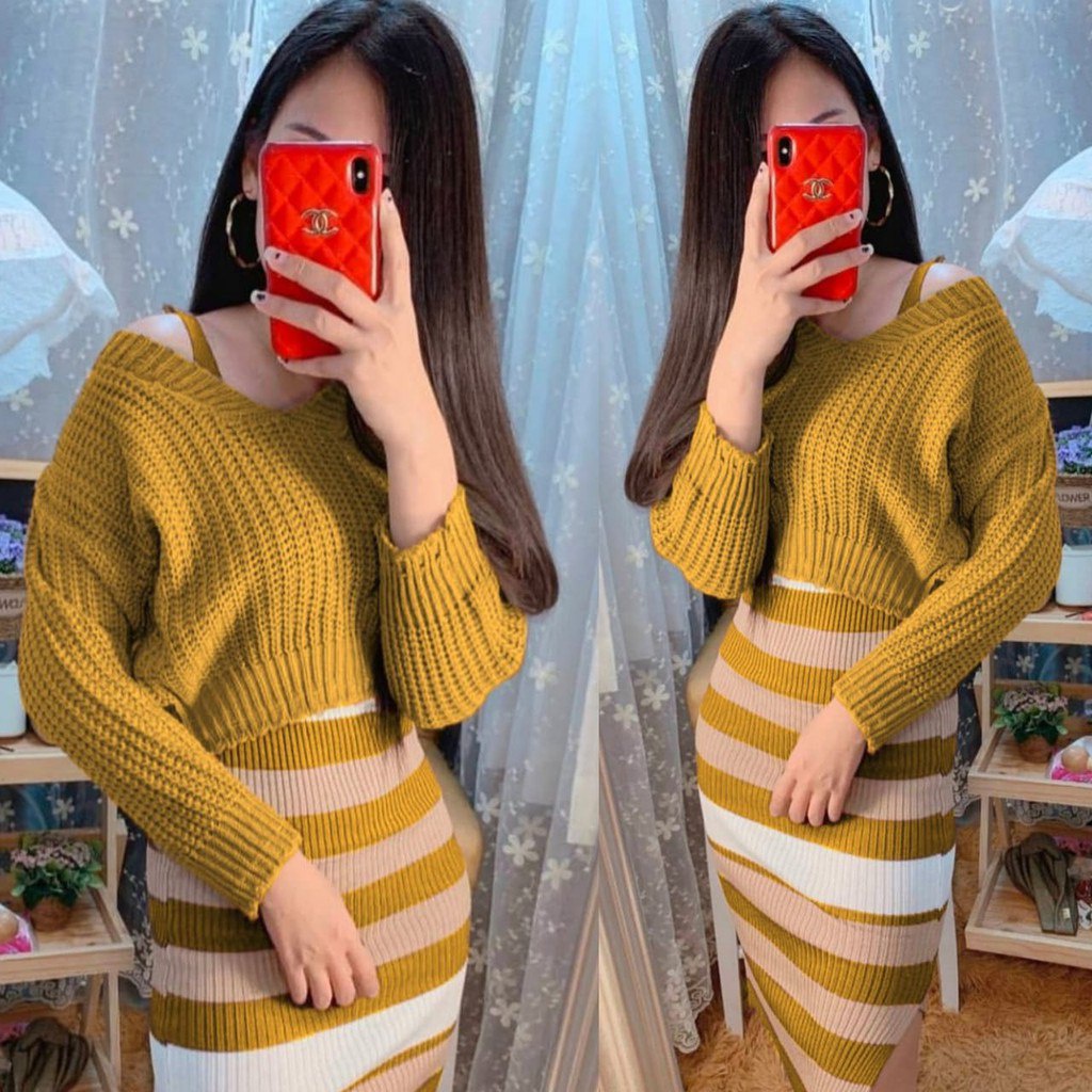 AC - Set Rajut Yupi 2in1 Sweater Crop dan Dress / Set Cardigan Dress Rajut / Setelan Rajut IMPORT / 