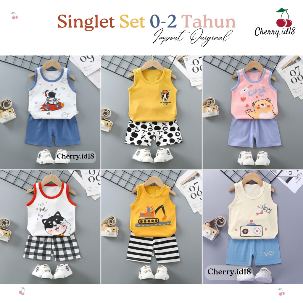 Cherry COD Setelan Pakaian Bayi Tanpa Lengan / Baju Singlet Anak Import / Pakaian Anak STL38