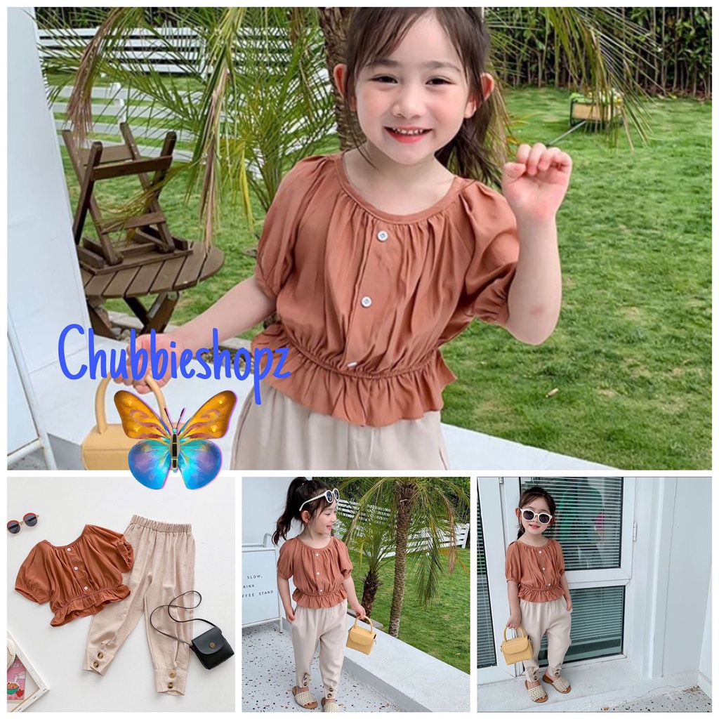 CHUBBI 23 Setelan Set Anak Perempuan Korea Top Crop + Cotton Pants