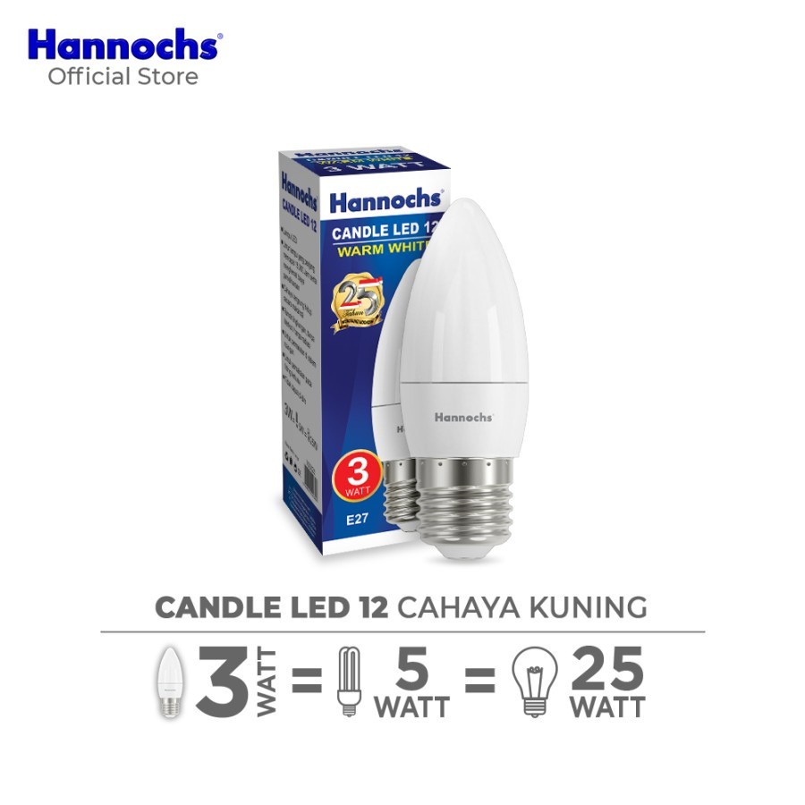 Lampu Candle LED Hannochs 12 3 watt E27 WW - Cahaya Kuning Lampu Lilin