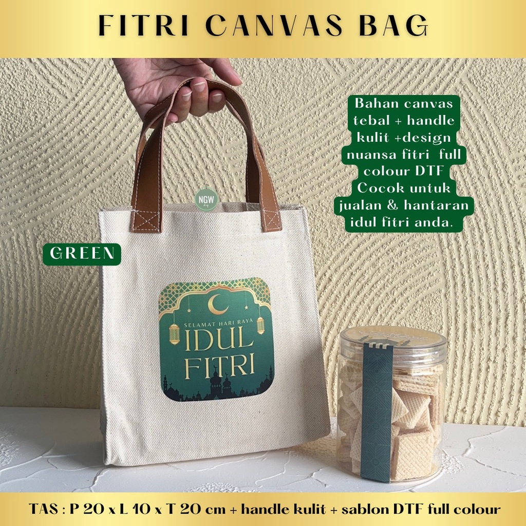 TATA bag canvas tas hampers idul fitri lebaran goodie bag + design 20x10x20 handle kulit