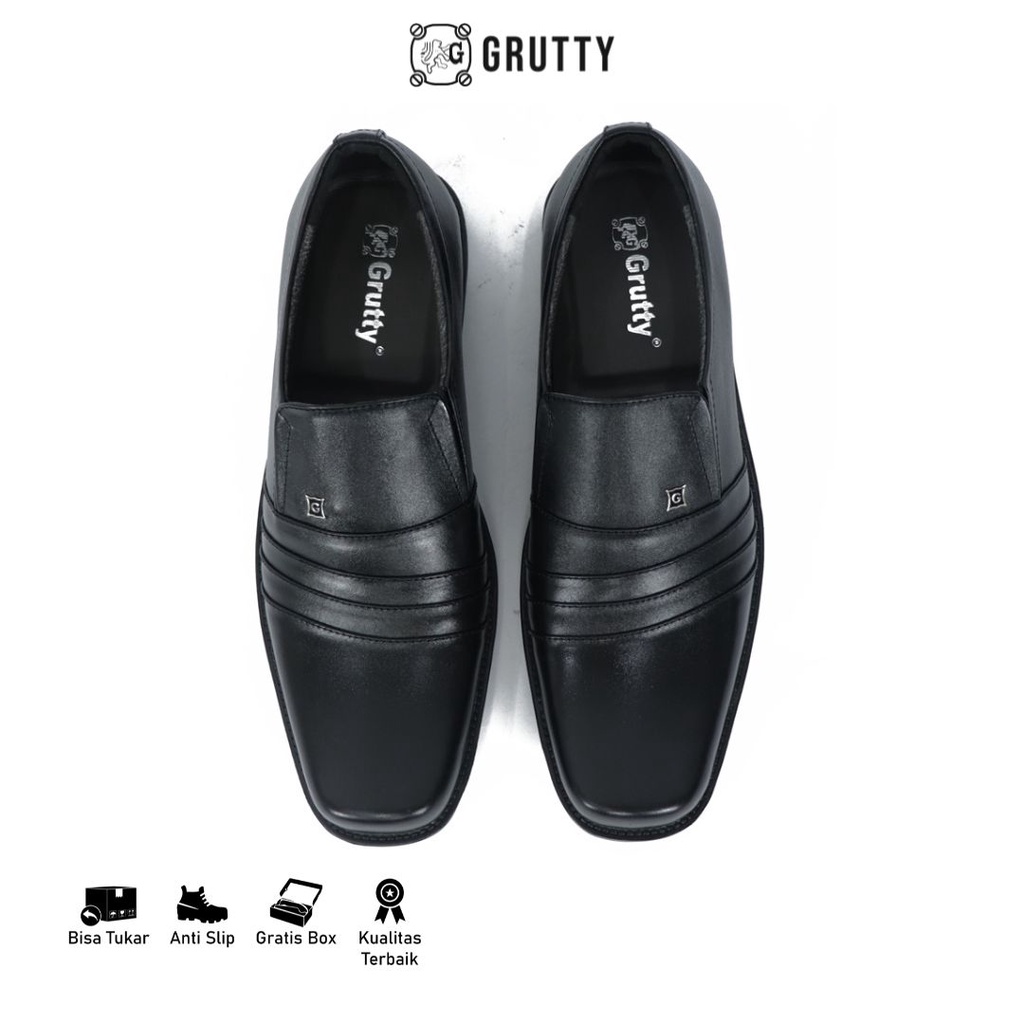 Sepatu Pria Formal Kulit Pantofel Kerja Kantor Model Slip On Grutty DC005 Hitam