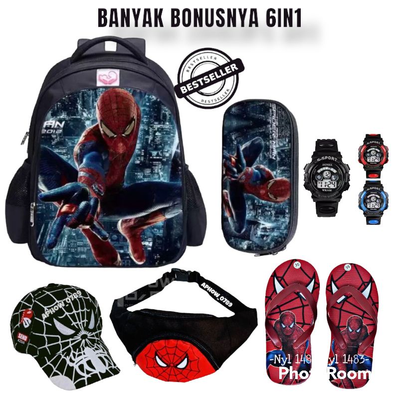 Tas ransel Paket 6IN1 Tas anak Laki-laki Sekolah TK SD Free Tempat Pensil Topi Bordir Tas Waistbag Jam Tangan Dan Sandal Spon