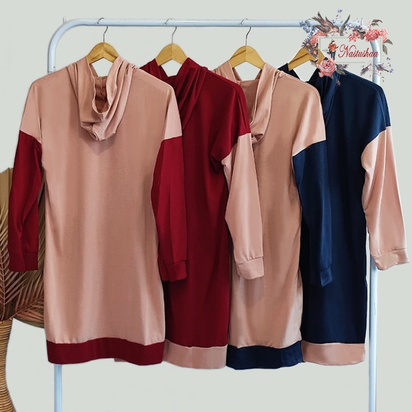 Tunik Oversize Wanita Lengan Panjang Hoodie Polos Bahan Babyterry Tunik Kaos Kombinasi 2 Warna Topi Kupluk Jumbo Atasan Wanita Saku Depan