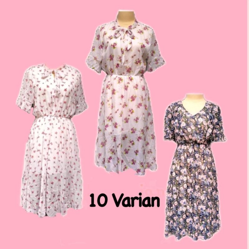 Dress Midi Sifon Korea Lengan Pendek Motif Bunga