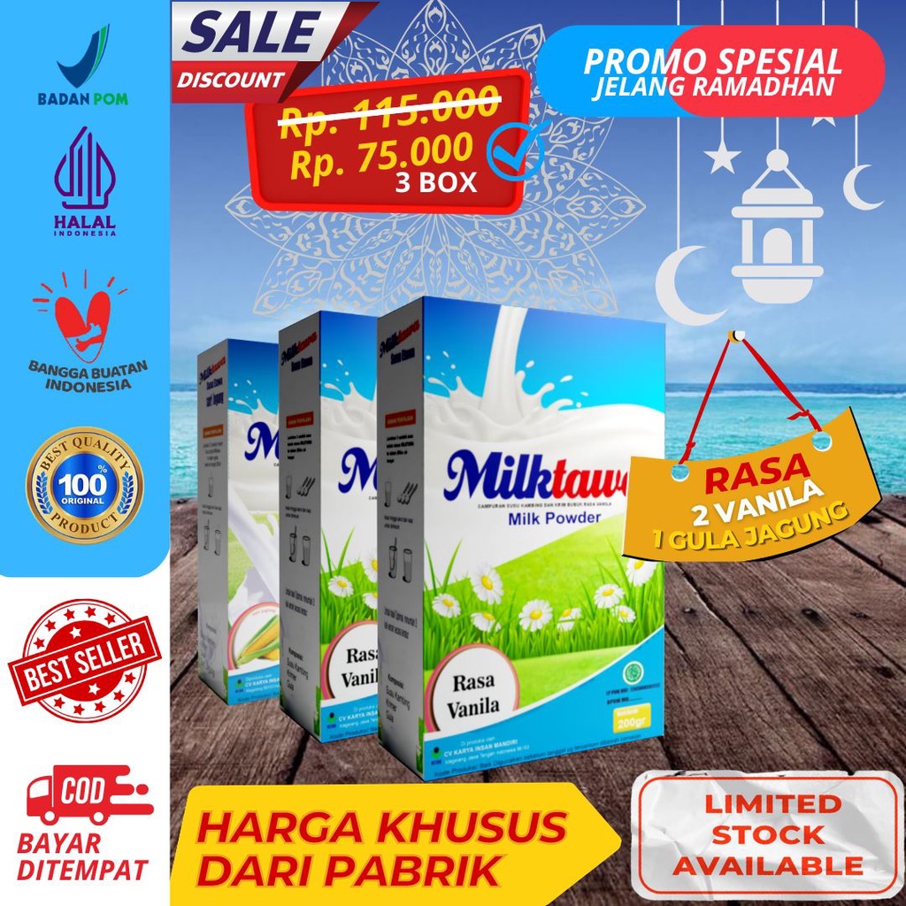 

Paket Hadiah Promo Spesial Ramadhan Bundling Susu Kambing Etawa Milktawa 2 pcs Rasa Vanila & 1 pcs Rasa Jagung