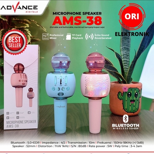 ADVANCE MIC KARAOKE BLUETOOTH/MIC SMULE/MIC TANPA KABEL/MIC SPEAKER KARAOKE/MIC ADVANCE AMS 38 BLUTU