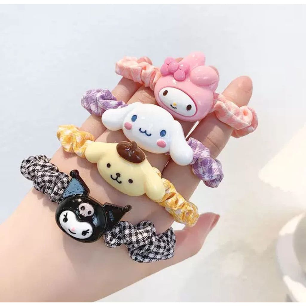 IKAT RAMBUT KOREA SCRUNCHIE KARAKTER MELODY KITTY KUROMI POMPOM SANRIO