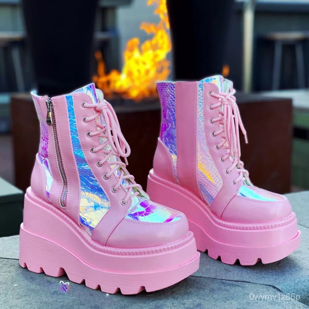 2022 Women Ankle Boots Gothic Creepers Platform Punk Winter Pink High Heels Sexy Ladies Shoes Plus S